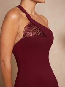 L'Amorae 不对称单肩蕾丝拼接迷你连衣裙 - 酒紅色 - 查看 2