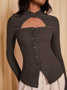 COSMINA Women Casual Solid Color Hollow Front Button Top, Autumn - Brown - View 5