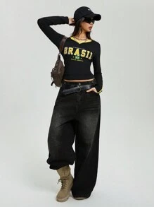 StreetHx 女式休闲 V 领街头风格巴西拼布撞色长袖 T 恤