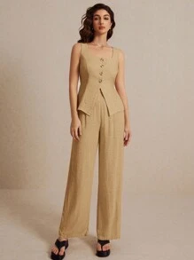 Poéselle 夏季亚麻西装背心两件套女士时尚纯色纽扣撞色无袖上衣和裤子套装穿着舒适面料透气柔软适合通勤日常度假穿着 - 卡其色 - 查看 4