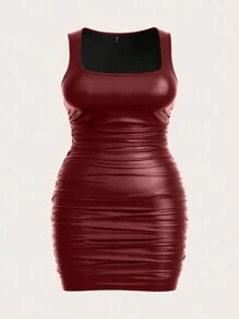 SHEIN EZwear 1 件大码女式红色 PU 皮革褶边无袖圆领连衣裙 - 酒紅色 - 查看 1