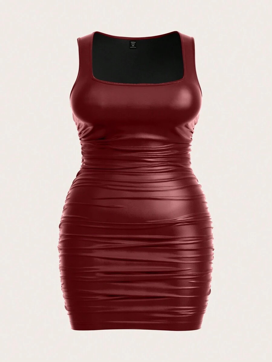 SHEIN EZwear 1 件大码女式红色 PU 皮革褶边无袖圆领连衣裙 - 酒紅色 - 查看 1
