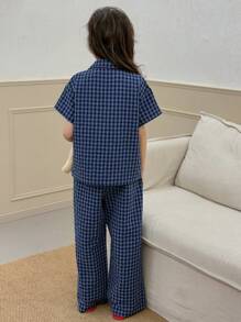 Dazy Kids 少女格子刺绣短袖上衣和裤子睡衣套装，春夏 - 藏蓝色 - 查看 5