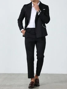 Manfinity Bizformal Completo casual da uomo in tinta unita con patchwork, giacca a maniche lunghe con bottoni davanti e pantaloni, abito da uomo, outfit da matrimonio per uomo, abito formale da uomo