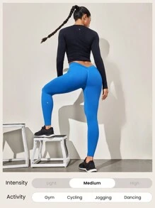 GLOWMODE 24" Seamless Tummy Control Butt Scrunch Shaping Leg Seam V Back Waist Leggings Medium Impact Workout Jogging Gym Training - Blue - View 8