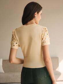 Anewsta 闪亮星空圆领修身毛绒针织衫T恤，情人节、夏季、新年、节日金色女式上衣，优雅女式上衣，女士短袖上衣 - 米色 - 查看 4