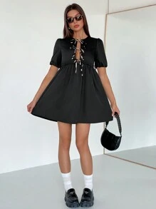 SHEIN Essnce 女式春夏休闲豹纹领带罩衫连衣裙豹纹系带泡泡袖荷叶边下摆迷你连衣裙情人节情人服装度假连衣裙新年女装 - 黑色 - 查看 6