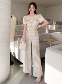 DAZY Combinaison-pantalon élégante à manches bouffantes, décor de poche et jambes larges pour femmes