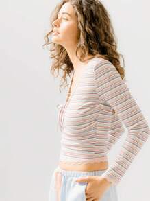 Aralina Striped Keyhole Tie Front Ribbed Knit Long Sleeve Top - Red - View 8