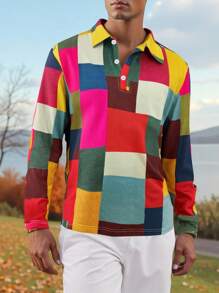 Men's Casual Loose Plaid Print Long Sleeve POLO Shirt, Autumn