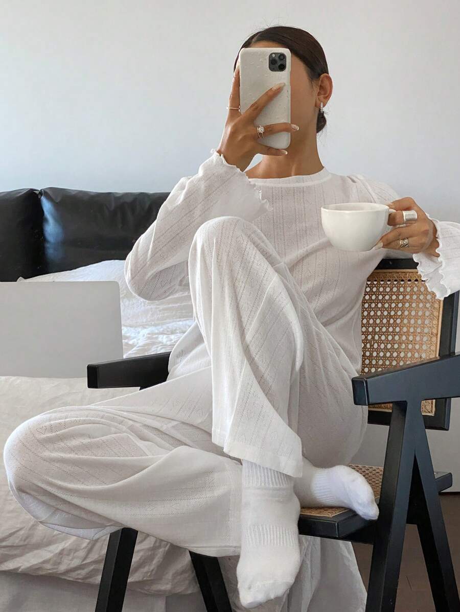 Livesso 2pcs/Set Women Loose Comfy Soft Solid Color Lounge Set, Fall Winter Clothes, Cozy Outfit - White - View 1