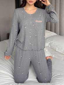 DAZY 2pcs/Set Women Ditsy Floral Long Sleeve Pajama Set, Spring, Fall Winter Clothes - Grey - View 8