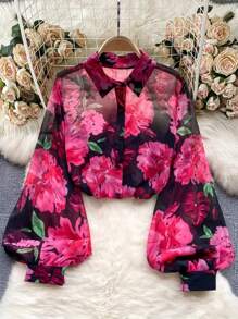 Franclia Top Casual Simples com Botões na Frente, Manga Longa e Estampa Floral Completa, Uso Diário