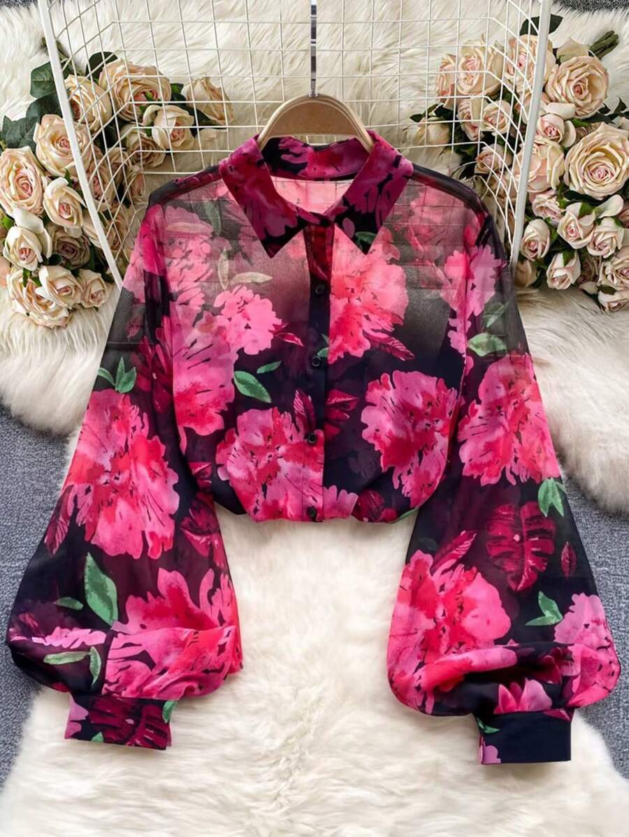 Franclia Top Casual Simples com Botões na Frente, Manga Longa e Estampa Floral Completa, Uso Diário