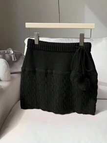 Comfortcana Falda de suéter con cordón en la cintura de unicolor, casual para otoño/invierno