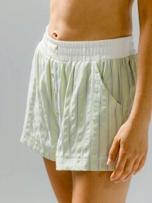 Aralina Sleepwear Stripe Contrast Waist Button Casual Comfy Lounge Flowy Boxer Shorts