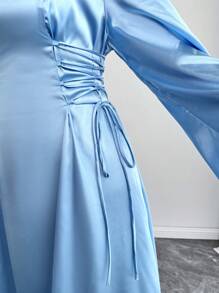 SHEIN Unity 大码优雅复古派对侧系带腰部中长蓝色连衣裙