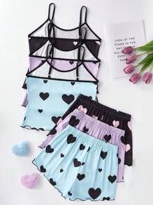 6 pièces/Set Pyjama Débardeur et Short Imprimé Cœur pour Adolescentes, Tenue Décontractée, Convient pour Toutes les Saisons