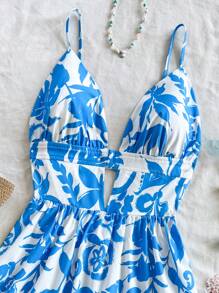 Soleia 女士节日花卉印花细肩带露背 A 字型迷你连衣裙 - 淺藍色 - 查看 3