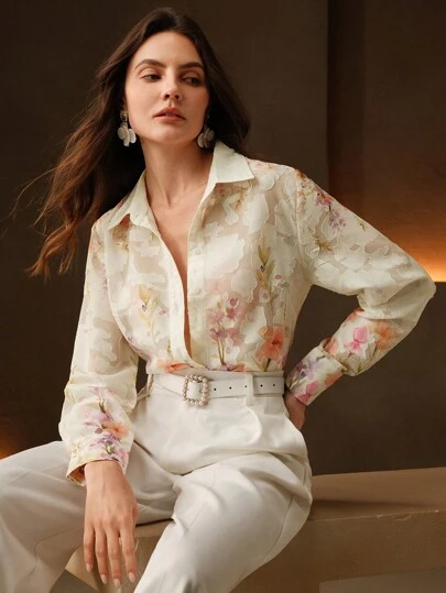 Anewsta Nouvelle mode Blouse à imprimé floral col châle, simple boutonnage, tenue de printemps pour femmes