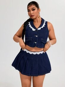 SHEIN ICON 大码女式夏季休闲撞色蕾丝无袖牛仔衬衫 - 藍色 - 查看 1
