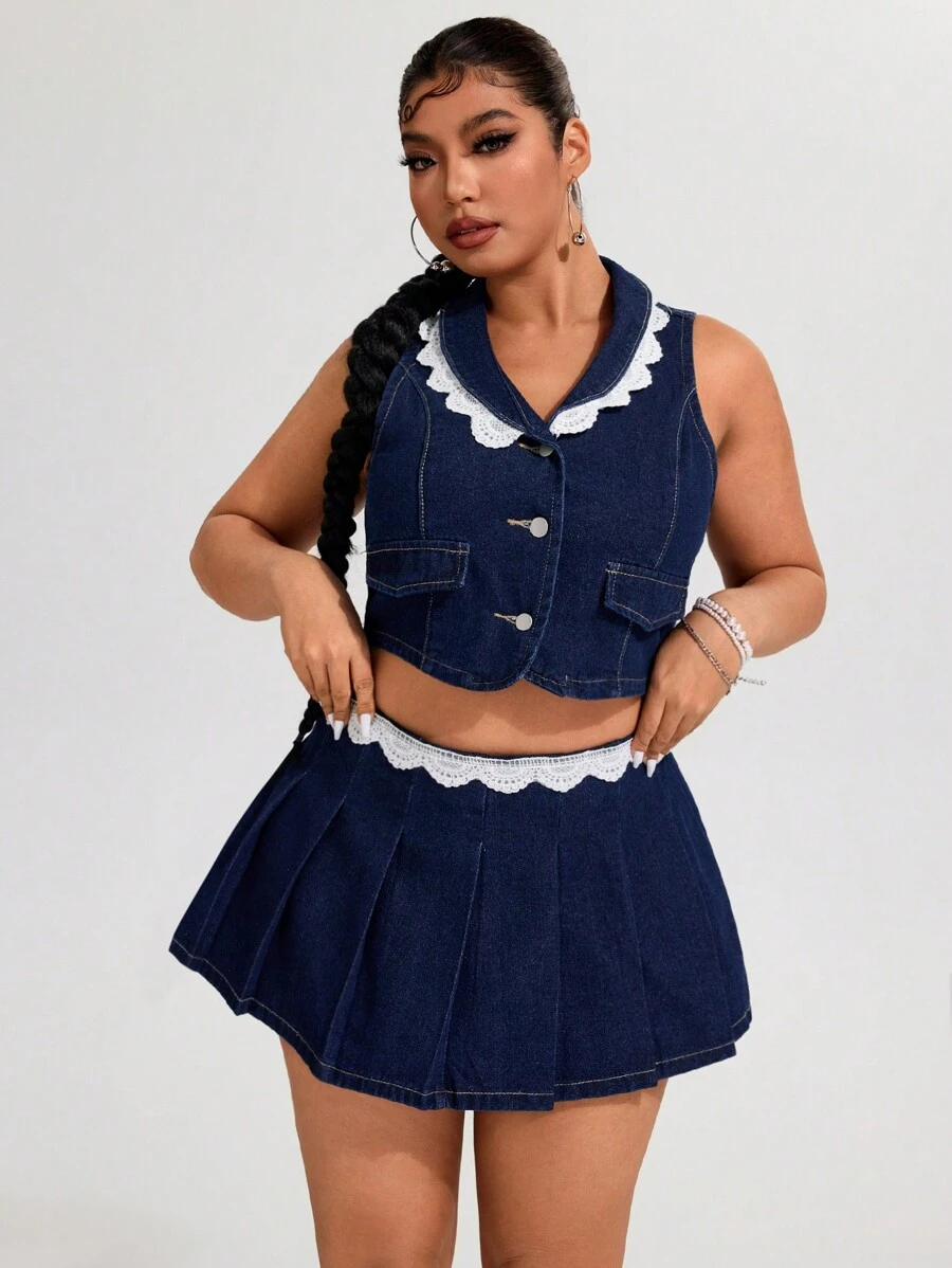 SHEIN ICON 大码女式夏季休闲撞色蕾丝无袖牛仔衬衫 - 藍色 - 查看 1