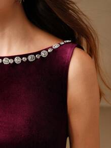 Anewsta Đầm dự tiệc sang trọng cổ tròn không tay thêu hoa nhỏ Encore nhung lấp lánh đính sequins, thích hợp cho ngày lễ tình nhân, mùa hè, năm mới - Màu Đỏ Sâu - Xem 6