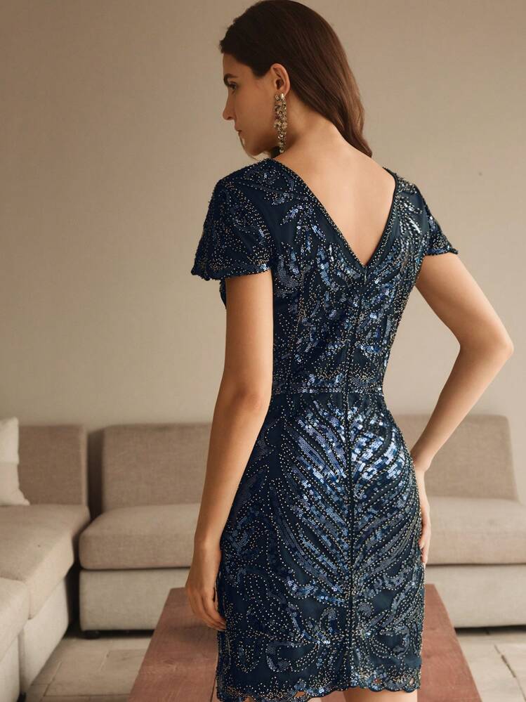 Anewsta Women V-Neck Patchwork Sequin Lantern Sleeve Elegant Casual Short Dress - Navy Blue - View 2