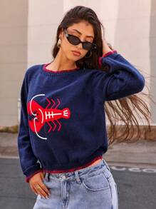 Forever 21 Winter New Round Neck Contrast Color Jacquard Lobster Pattern Casual Versatile Sweater Long Sleeve Tops Sweater New Years Women Outfit Y2k Clothes