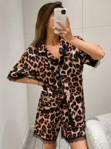 DAZY Leopard Print Lace Patchwork Short Sleeve Shorts Pajama Set - Coffee Brown - View 6