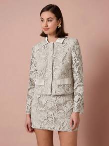 Enchnt Spring  Romantic Women's Floral Lace Long Sleeve Front Zipper Elegant Short Jacket,For Romantic Dinner Dates&Sweet Party&Daily Wear,Holiday Jacket - Apricot - View 7