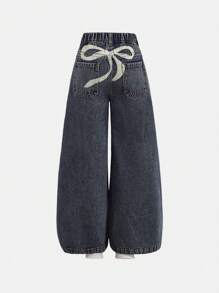 SHEIN Girls' Vintage Blue Denim Wide Leg Pants With Bow Decor