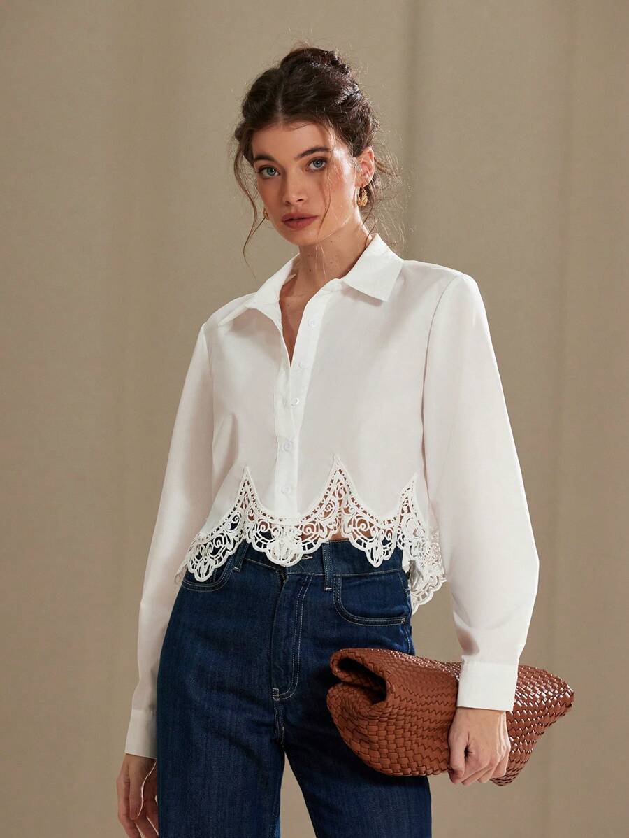 Chiquease 花边下摆纽扣前襟衬衫纽扣衬衫女式，长袖上衣 - 白色 - 查看 1