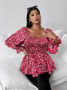 Franclia Camisa holgada casual de manga larga con estampado todo sobre cuello cuadrado talla grande