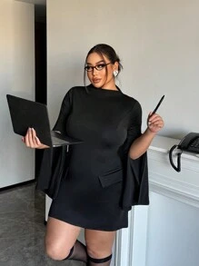 SHEIN Essnce Vestido midi de manga larga y hombros descubiertos con corte ceñido en talla grande, para primavera/verano