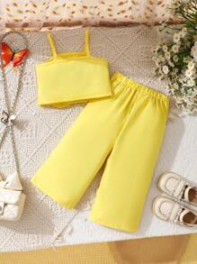 SHEIN 2pcs Baby Girls Floral Knit Camisole Top + Woven Casual Pants Set, Yellow, Suitable For Parties And Outings - Yellow - View 2