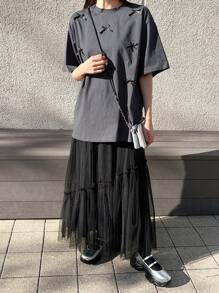 FRIFUL Women's Casual Grey Knitted Long T-Shirt With Round Neck, Short Sleeves, And Contrast Mesh Bow Details - Grey - View 2