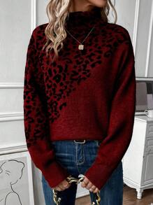 SHEIN LUNE Women Leopard Print Turtleneck Loose Fit Knitted Pullover, Autumn/Winter