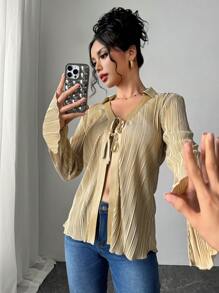 SHEIN Unity V-Neck Long Sleeve Tie-Front Pleated Loose Blouse For Women - Khaki - View 1