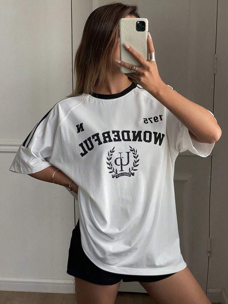 Women's Colorblock Round Neck Letter Print Loose Short Sleeve T-Shirt Oversized T-Shirt,Graphic Tees
