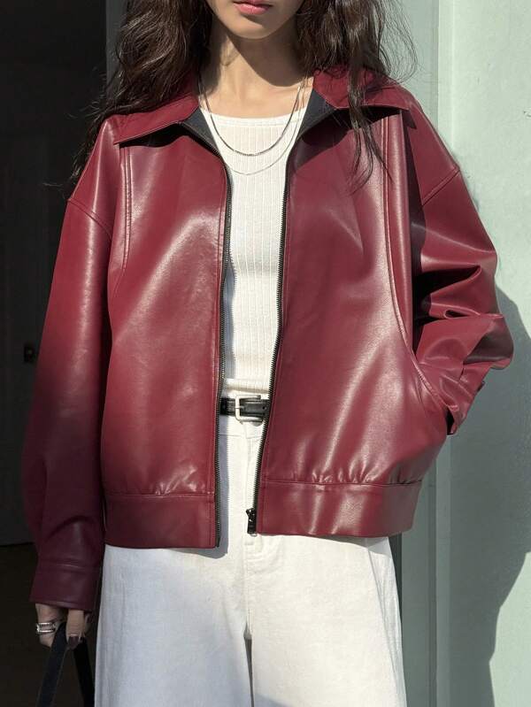 DAZY Chaqueta de motorista de manga larga con cremallera, cuello alto y corte holgado tipo novio, ropa de otoño
