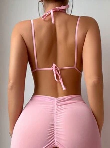 SHEIN 2件套女士纯色露背性感内衣外出装 - 粉色 - 查看 2