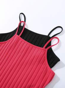 SHEIN Leap Crew Teen Girl 1 Get 1Free 2pcs/Set ,Rose Red,Black Ribbed Cami Bodycon Mini Dress - Multicolor - View 3
