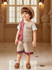 SHEIN 2 conjuntos para bebé niño, tema festivo de Ramadán, conjunto de chaleco sin mangas con estampado colorido y pantalones cortos, apropiado para uso casual, juegos al aire libre, escuela, vacaciones - Lindo, ideal para tiempo libre familiar, deportes y reuniones