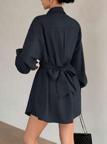 EastFlair Korean Fashion Grey Long Sleeve Shirt Dress & Shorts 2Pcs Set, Waist-Cinched Elegant Outfit