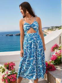 Vivid Eden Summer Women Tropical Print Cut Out Cami Long Dress,Vacation Style