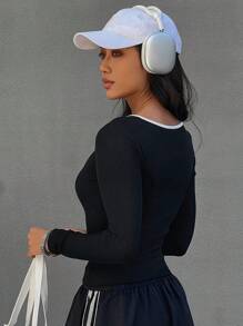 DAZY Contrast Color Patchwork Slim Fit Women Long Sleeve T-Shirt