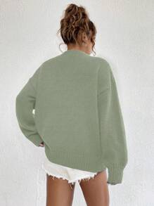 SHEIN Unity 女士宽松休闲纯色绿色落肩长袖毛衣秋冬季 - 綠色 - 查看 2