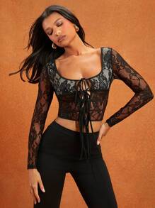 Hauture Women Front Tie Long Sleeve Casual Slim Fit Top, Simple And Everyday Wear