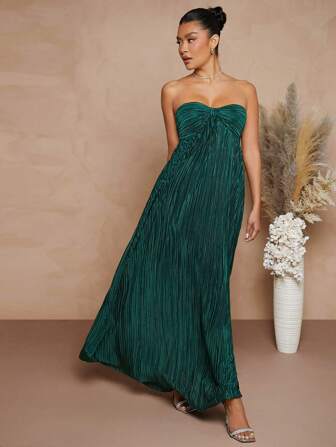 L'Amorae 女士纯色抹胸简约褶皱连衣裙，休闲日常穿着